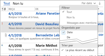Liste de filtres disponibles pour trier les messages
