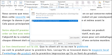 Document Word en haut duquel est affichée la boîte de dialogue Rappel