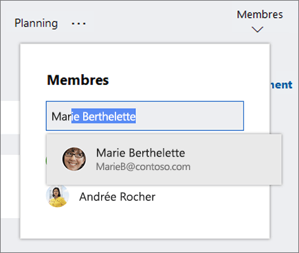 Liste des membres lors de la saisie du nom d’un nouveau membre du plan