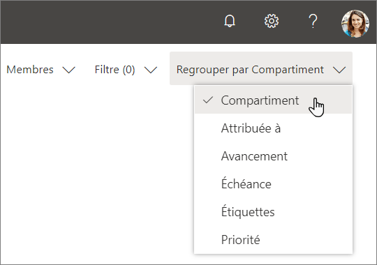 Liste déroulante Regrouper par dans le Planificateur avec le choix Compartiment