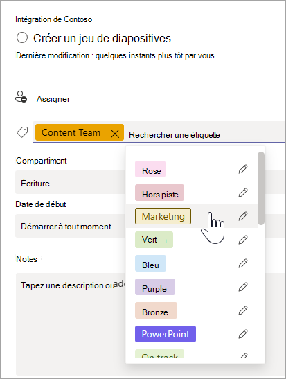 Sélection d’une étiquette dans les détails de la tâche du Planificateur