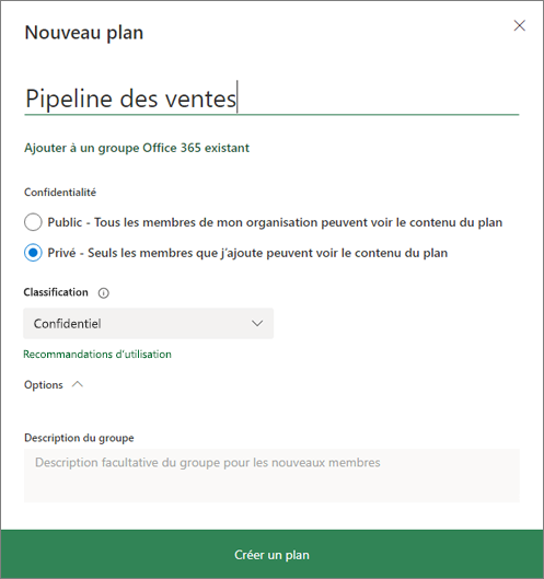 Capture d’écran de la boîte de dialogue Nouveau plan