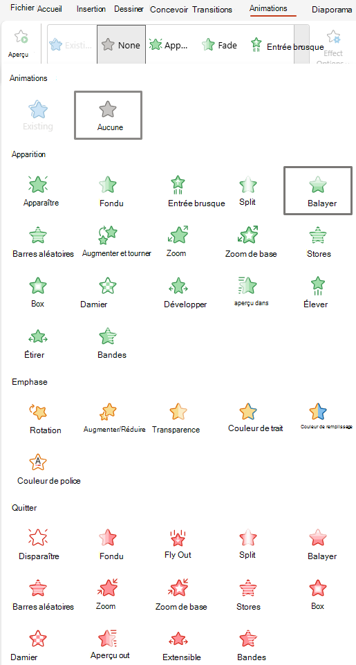 Capture d’écran des animations disponibles pour PowerPoint sur le Web.
