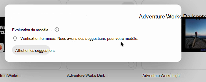 Capture d’écran du status d’évaluation du modèle montrant la vérification terminée. Nous avons des suggestions pour votre modèle, avec un bouton Afficher les suggestions.