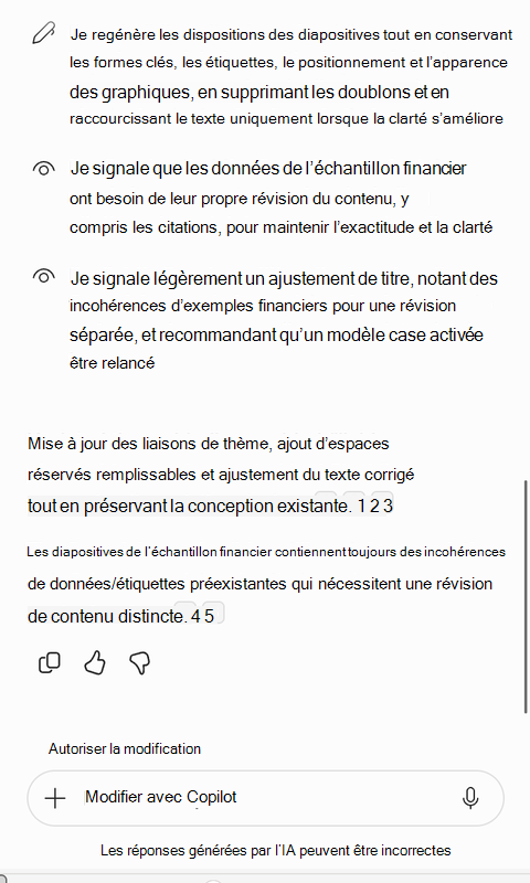 Capture d’écran du résumé de Copilot des correctifs de modèle qu’il a apportés.