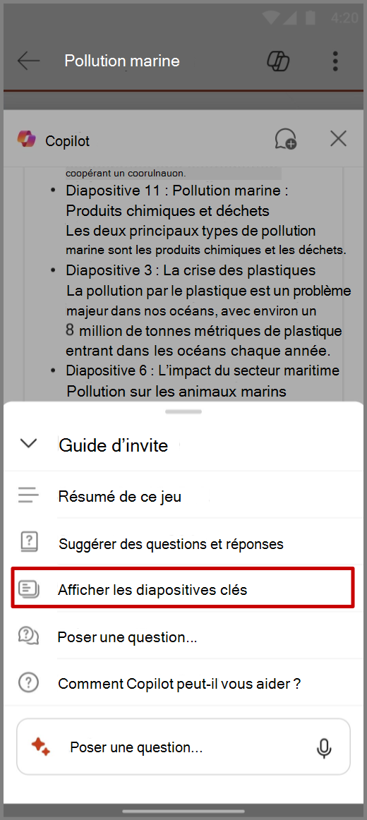 Capture d’écran de Copilot dans PowerPoint sur un appareil Android avec l’invite Afficher les diapositives clés