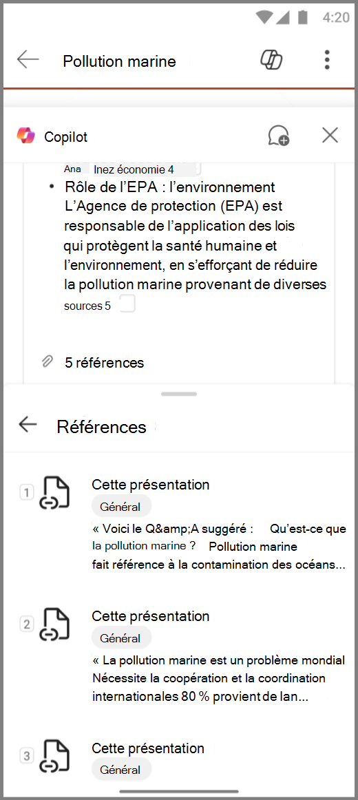 Capture d’écran de Copilot dans PowerPoint sur un appareil Android avec des références pour la réponse Résumer cette présentation