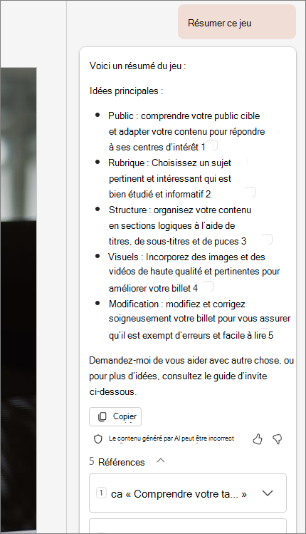 Capture d'écran de la fonction « résumer ce pont » avec des citations