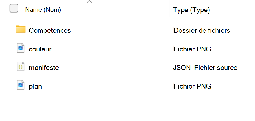 Capture d’écran montrant le contenu d’un dossier de package de compétences : un dossier de compétences et les fichiers color.png, manifest.json et outline.png.
