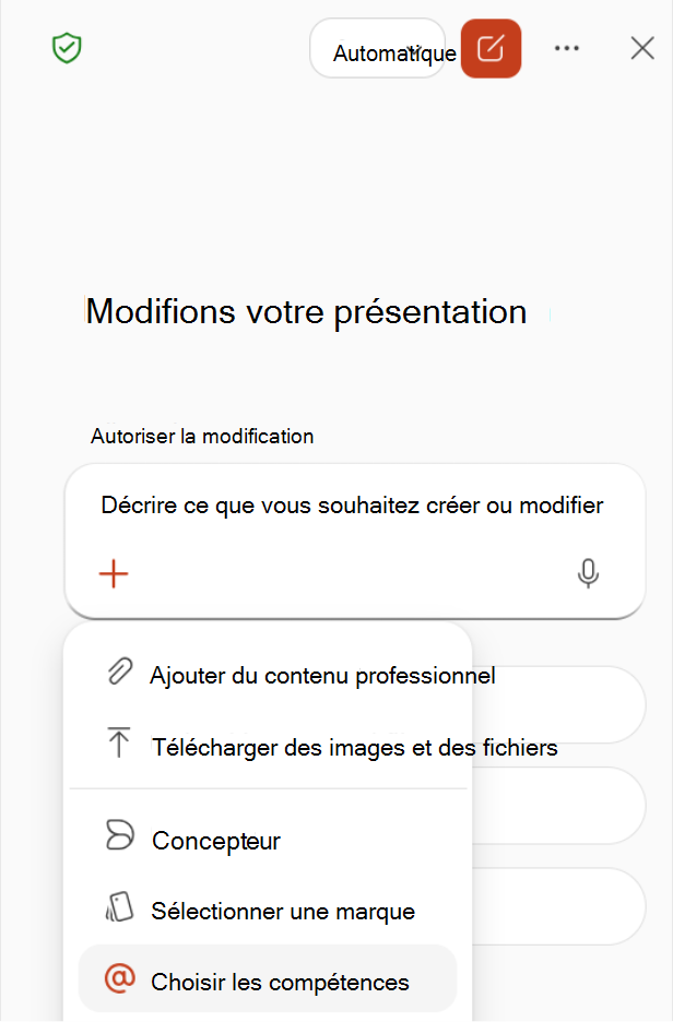 Capture d’écran montrant la sélection de Choisir des compétences dans le menu Plus du volet Copilot.
