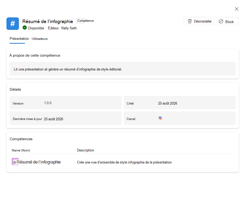 Capture d’écran montrant les détails, les utilisateurs, la version et le status de déploiement d’une compétence.