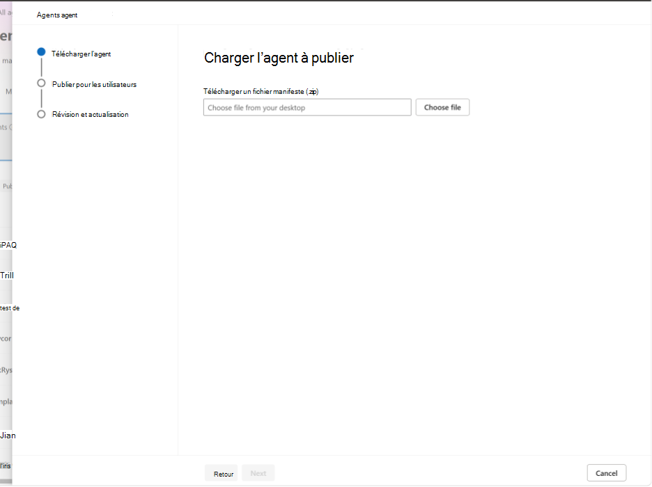 Capture d’écran montrant le chargement d’un package de compétences sur la page Charger l’agent pour publier.