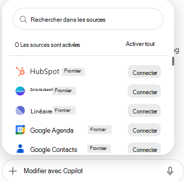 Capture d’écran montrant la liste des connecteurs avec les sources de données disponibles et les boutons Connexion dans PowerPoint.