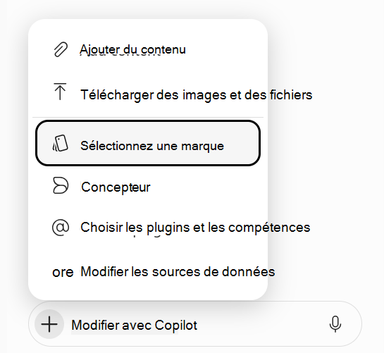Capture d’écran montrant l’option Sélectionner une marque mise en évidence dans le menu d’invite de la requête Copilot.