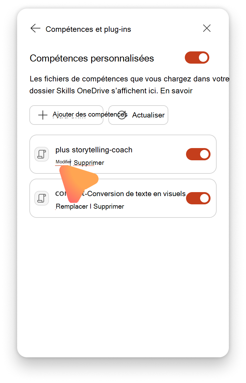 Capture d’écran montrant la modification et la suppression de compétences dans le volet Gérer les compétences de Copilot dans PowerPoint.