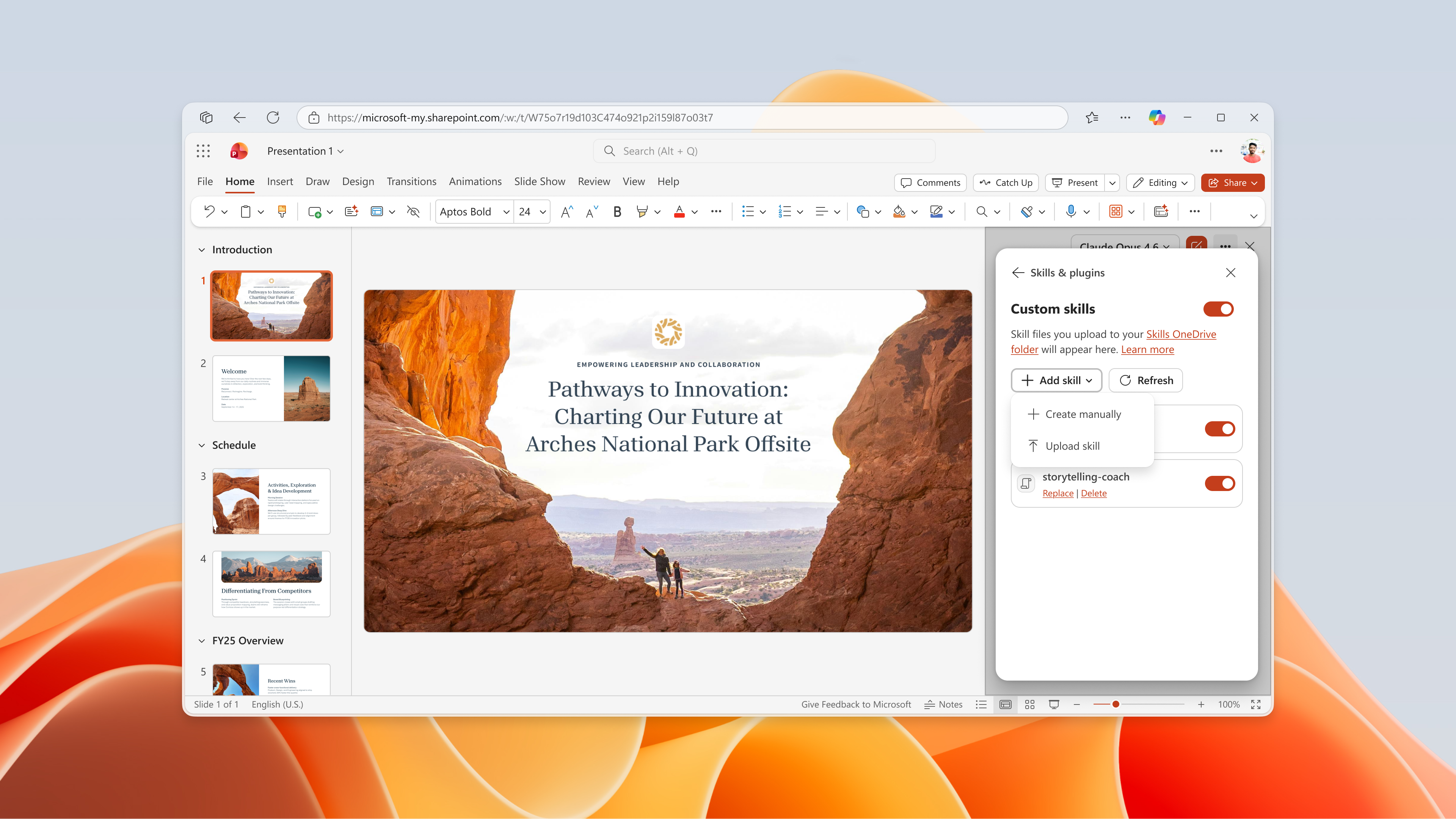 Capture d’écran montrant le chargement et l’ajout d’une compétence dans PowerPoint Copilot.