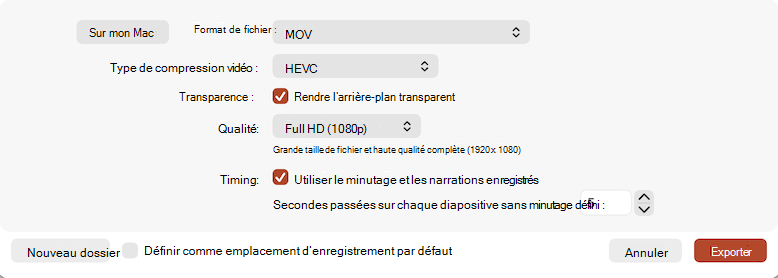 Capture d’écran de la boîte de dialogue Exporter en tant que vidéo dans PowerPoint.