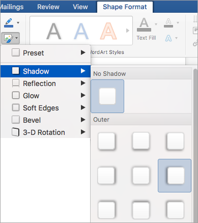 Options du menu Effets de forme