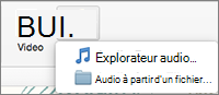 Menu Insérer un élément audio avec les choix Audio à partir du fichier et Navigateur audio