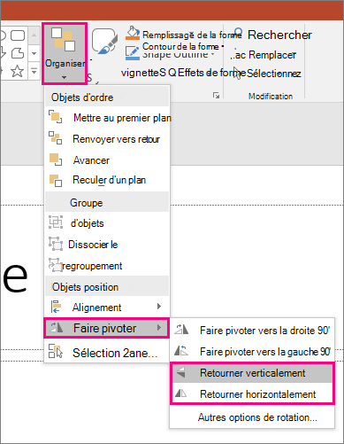 Affiche les options Réorganiser > la rotation > dans PowerPoint.