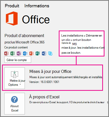 Les installations « Démarrer en un clic » ont un bouton Options de mise à jour dans la page Compte. Les installations basées sur MSI n’ont pas ce bouton.