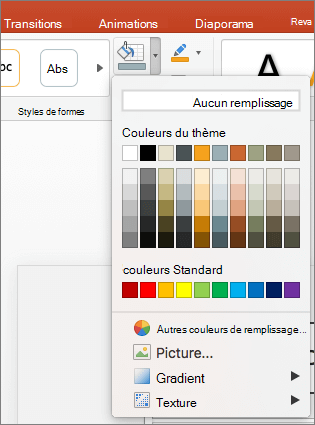 Capture d’écran illustrant les options disponibles dans le menu Remplissage de forme, notamment : Aucun remplissage, Couleurs du thème, Couleurs standard, Autres couleurs de remplissage, Image, Dégradé et Texture.