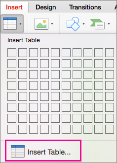 Option de menu Insérer un tableau
