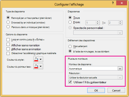 Options de moniteur dans la boîte de dialogue Paramètres du diaporama