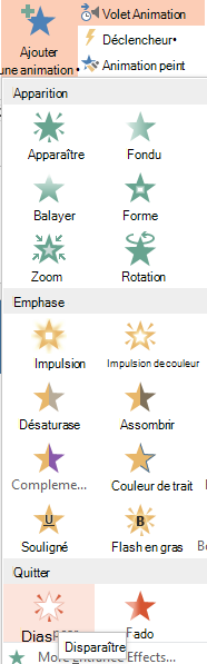 Sous l’onglet ANIMATIONS, dans le groupe Animation avancée, cliquez sur Ajouter une animation. Vous avez beaucoup d’options d’animation.