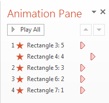 Cliquez sur ANIMATIONS, puis sur Volet Animation pour afficher le volet Animation. Le nombre à droite du signe deux-points reflète le nombre dans le rectangle.