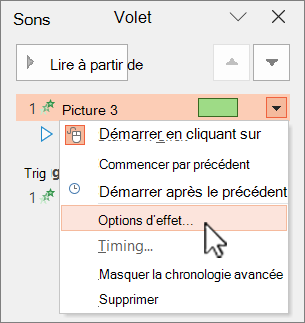 Options d’effets de menu du volet Animation PowerPoint avec le bouton droit.