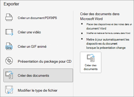 Capture d’écran du bouton Exporter créer des documents.