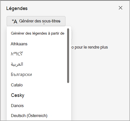 Liste déroulante Générer des légendes dans le volet Légendes.