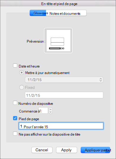 Zone Case activée pied de page sous l’onglet Diapositive de la zone En-tête & Pied de page