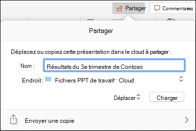 Boîte de dialogue permettant de charger la présentation dans votre stockage cloud Microsoft pour un partage transparent.