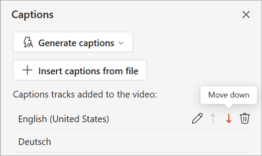 Bouton Déplacer vers le bas pour une piste de sous-titres dans le volet Légendes.