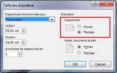 Dans la boîte de dialogue Taille des diapositives, vous pouvez changer l’orientation des diapositives sur Portrait ou Paysage.