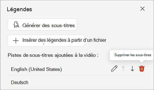Bouton Supprimer les légendes d’une piste de légendes dans le volet Légendes.