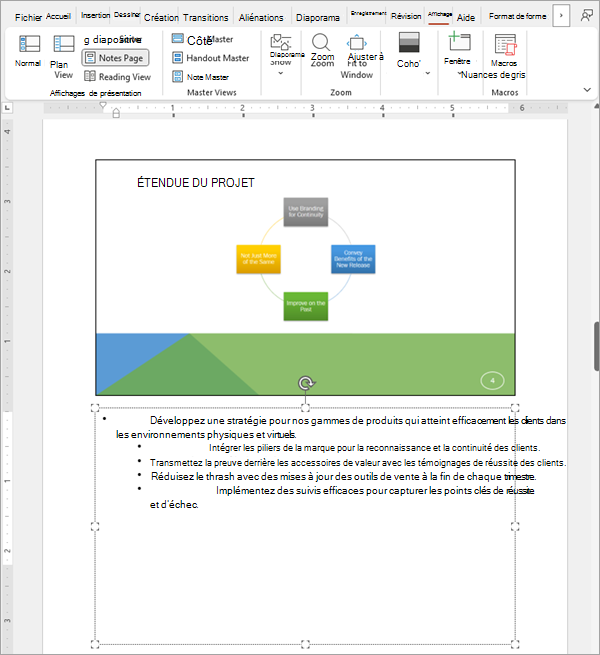 Capture d’écran montrant une diapositive dans un jeu de diapositives PowerPoint avec ses notes associées.