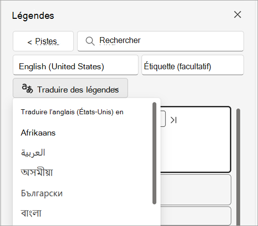 Liste déroulante Traduire les légendes dans le volet Légendes.
