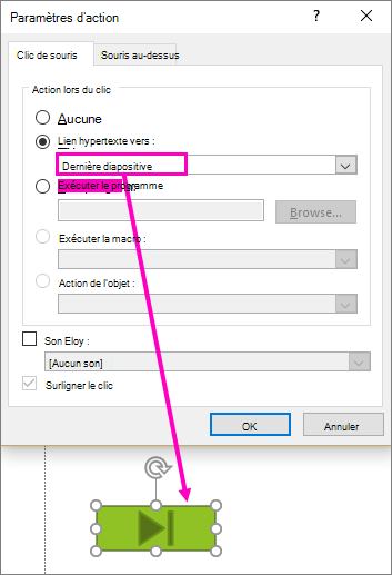 Boîte de dialogue permettant de définir des boutons d’action dans PowerPoint