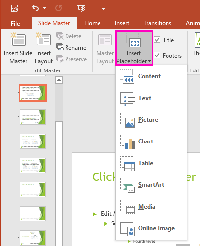 Bouton Insérer un espace réservé en mode Masque des diapositives dans PowerPoint