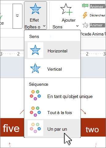 Menu Options d’effet sous l’onglet Animations dans PowerPoint.