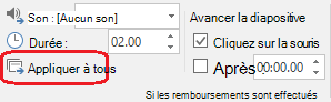 Commande Appliquer à tout sous l’onglet Transitions dans PowerPoint