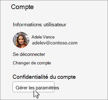 Boîte de dialogue Compte avec le bouton Gérer les paramètres supprimé.