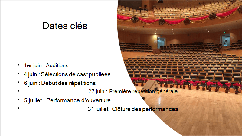 Exemple de diapositive illustrant une chronologie avec texte et une photo mises en place par les Idées de conception.
