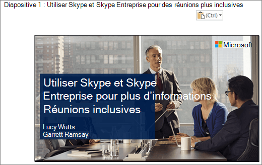 Capture d’écran du nouveau document Word montrant la diapositive 1 avec le titre de la diapositive. La diapositive affichée dans l’image contient le titre de la diapositive, les noms des présentateurs et une image d’arrière-plan des personnes d’affaires autour d’une table de conférence.