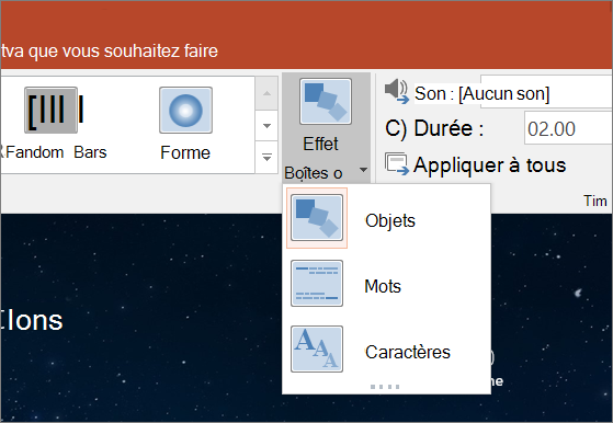 Options d’effet de transition pour la transition Morph dans PowerPoint 2016