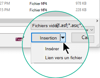 Dans la boîte de dialogue Insérer une vidéo, vous choisissez entre Insérer (ce qui signifie Incorporer) ou Lier au fichier.