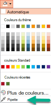 La commande pipette se trouve dans le menu Couleur du volet Mettre en forme l’arrière-plan.